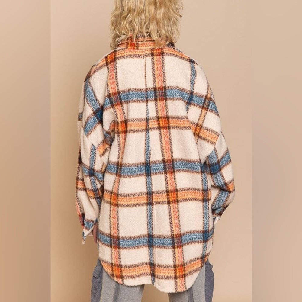 Cream Plaid Fuzzy Shacket Button Down Relaxed Fit - Picture 9 of 12
